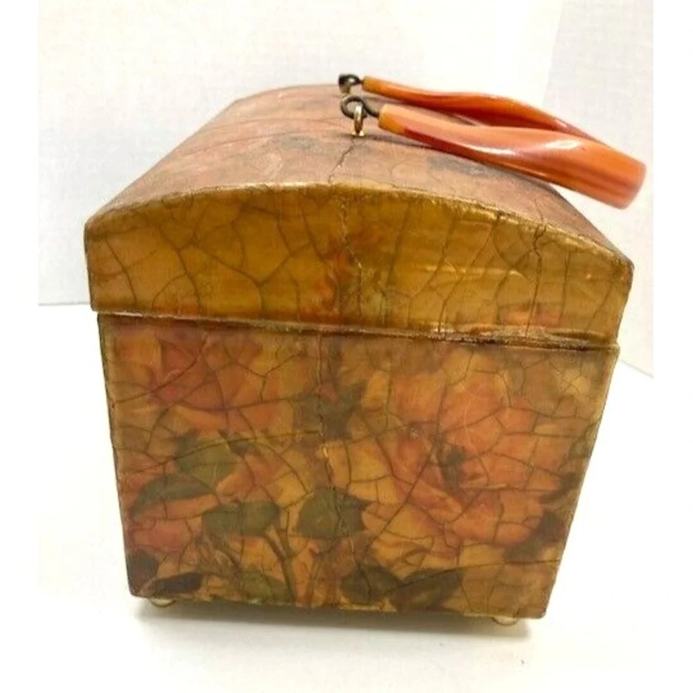 Vintage Floral Crackle Decoupage 1960s Textured‎ Wood Purse Lucite Handle